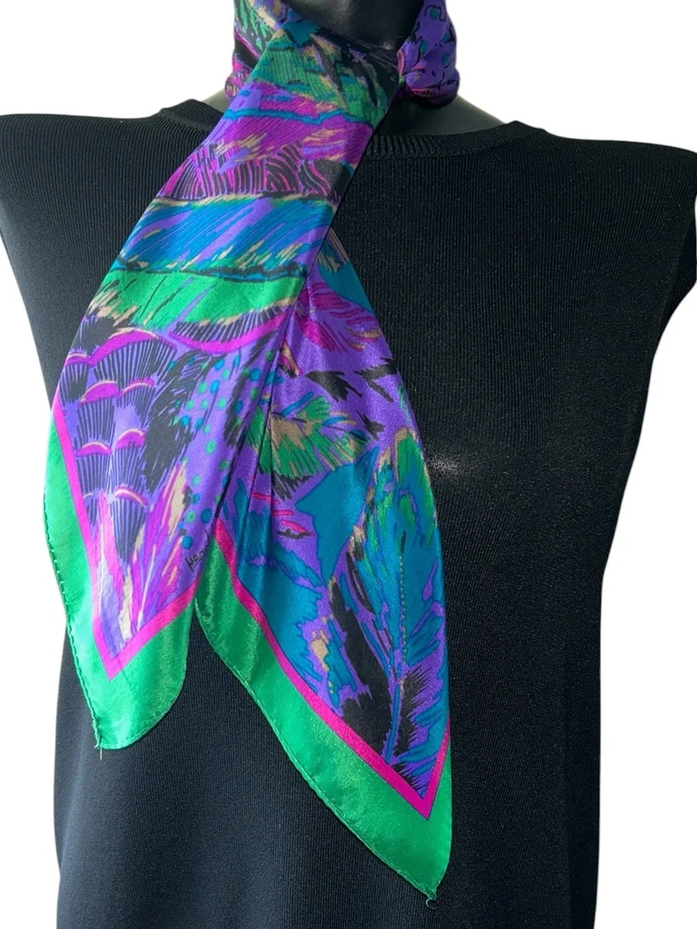 HONEY 100% Silk Scarf Jewel Tones Peacock Feathers  Made in Japan Vintage